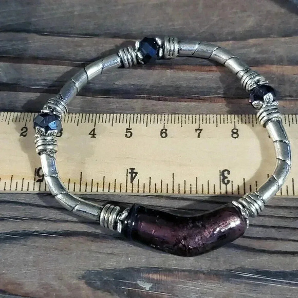 Handcrafted Edgy Silver Purple Foil Glass Crystal Stretch Bracelet - Picture 6 of 6